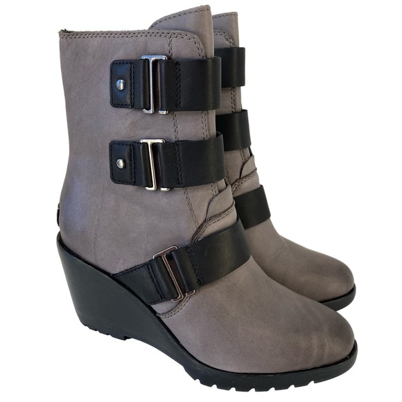 Sorel After Hours Wedge Moto Bootie Gray Buckle Zip Up Womens Size 7.5 - Picture 1 of 16